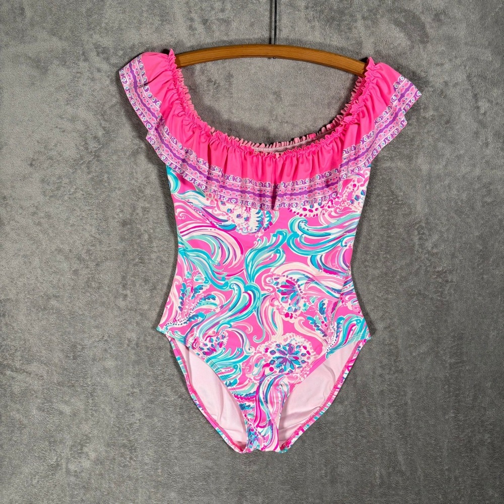 Lilly Pulitzer Pink Turquoise Off-Shoulder One-Piece Swimsuit